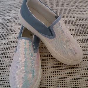 Girl's slip-on; iridescent white & blue, size 2 (33uk) - brand new/never worn